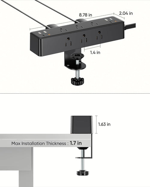 17-In-1 Desk Clamp Power Strip with 40W Fast Charging Station, 10Ft