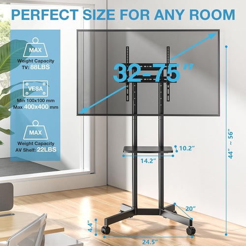 Rolling TV Stand for 32-75 Inch TVs with Shelf