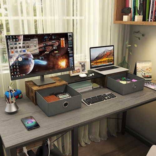 Dual Monitor Stand Riser with Two Drawers, Extra Large Storage for 2