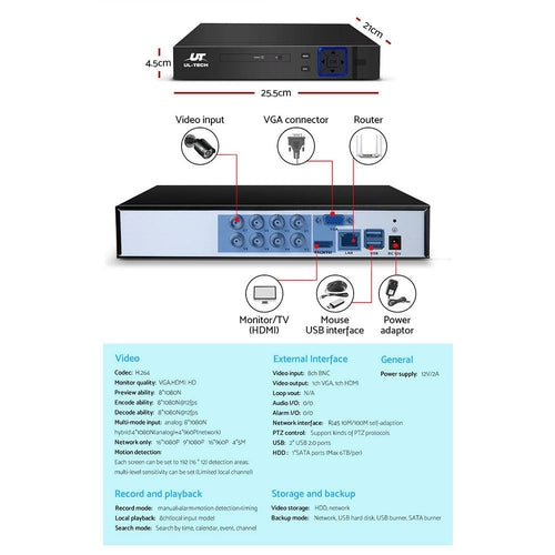 UL-tech CCTV Security System 8CH DVR 8 Cameras 1080p